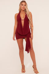 Burgundy Plunge Neck Cowl Detail Top & Mini Skirt Co-ord Set - Lama