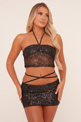 Black Sequin Bandeau Crop Top & Mini Skirt Co-ord Set - Shiya