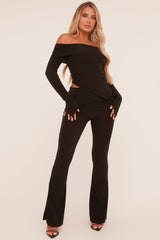 Black Bardot Long Sleeve Top & Flared Leg Trousers Co-ord Set - Liva