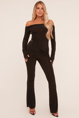 Black Bardot Long Sleeve Top & Flared Leg Trousers Co-ord Set - Liva