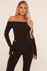 Black Bardot Long Sleeve Top & Flared Leg Trousers Co-ord Set - Liva