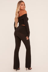 Black Bardot Long Sleeve Top & Flared Leg Trousers Co-ord Set - Liva