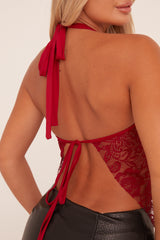 Burgundy Lace Halter Neck Cropped Top - Katya