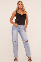 Black Satin Cowl Neck Cut Out Top - Debby