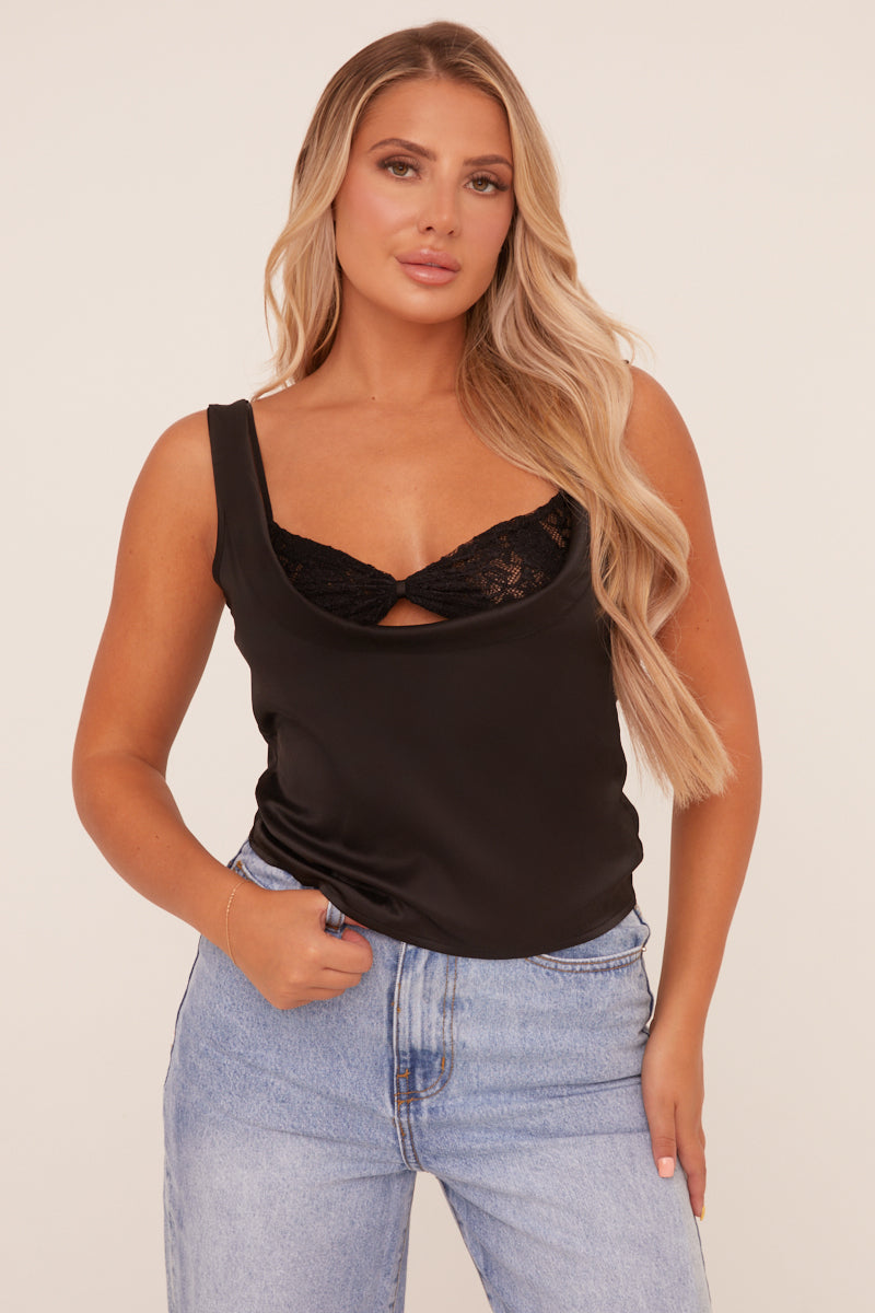 Black Satin Cowl Neck Cut Out Top - Debby