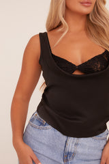 Black Satin Cowl Neck Cut Out Top - Debby