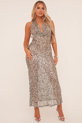 Silver Sequin Cowl Detail Halter Neck Maxi Dress - Dariya