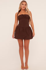 Brown Ruched Halter Neck Puffball Mini Dress - Anessa