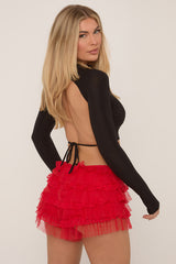 Red Lace Ruffle Hot Pant Shorts - Azalea