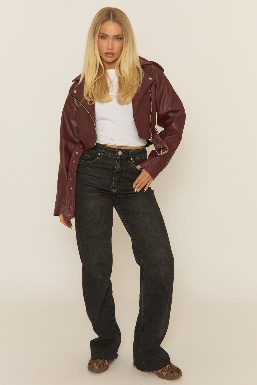 Wine PU Cropped Biker Jacket - Dariah