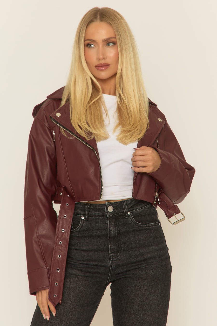 Wine PU Cropped Biker Jacket - Dariah