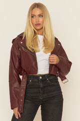 Wine PU Cropped Biker Jacket - Dariah
