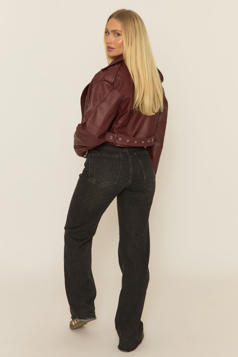 Wine PU Cropped Biker Jacket - Dariah