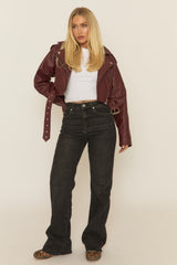 Wine PU Cropped Biker Jacket - Dariah