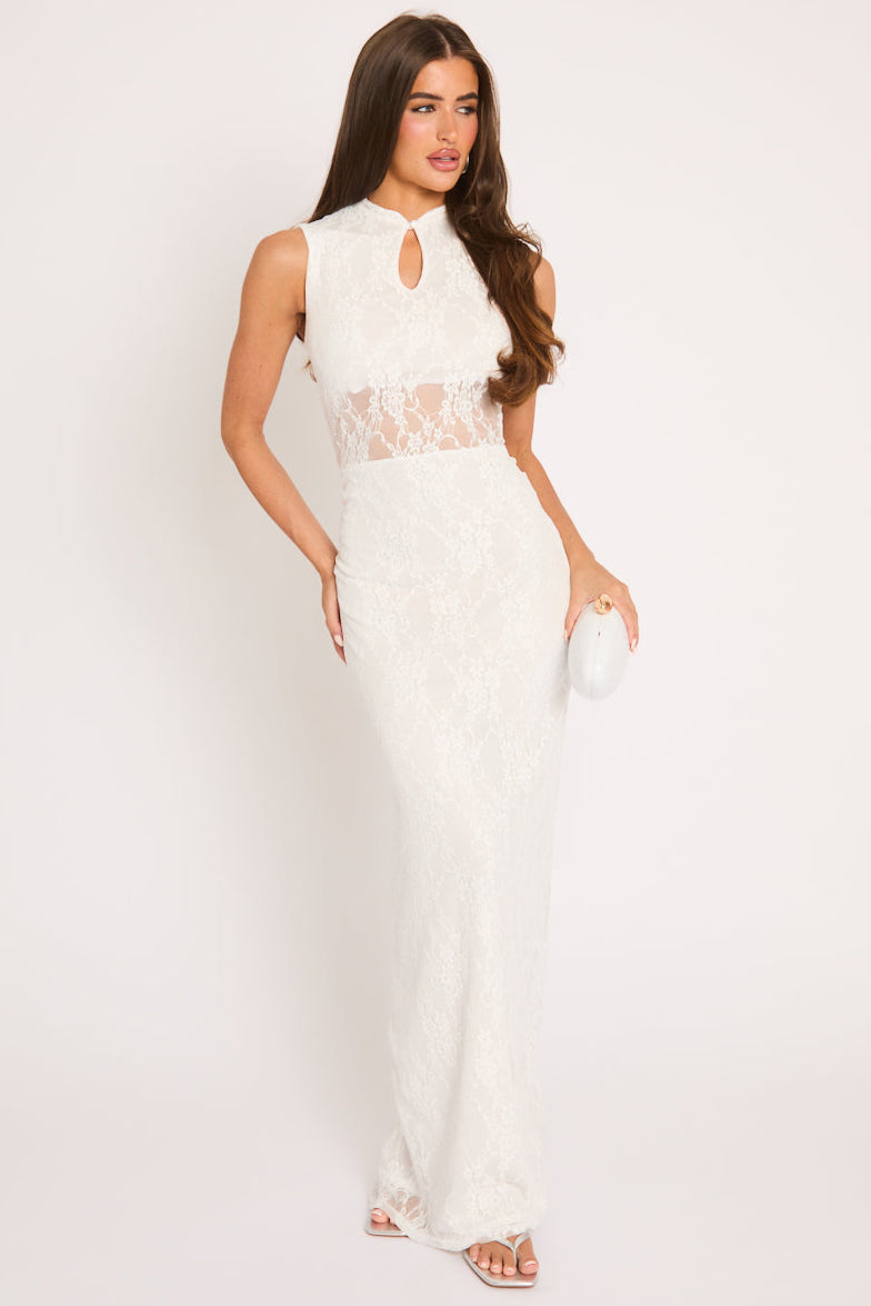 White Lace High Neck Keyhole Detail Maxi Dress - Sarrah