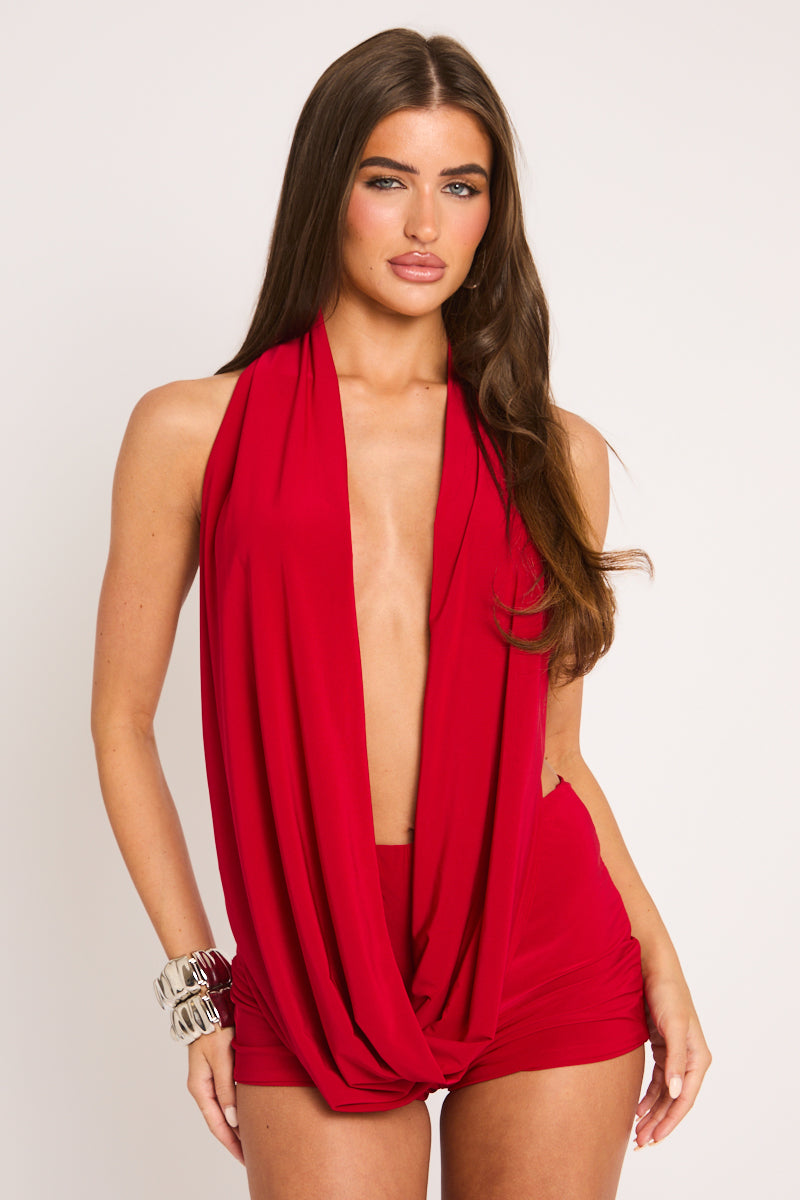 Red Plunge Top and Micro Shorts Co-ord Set - Kendra