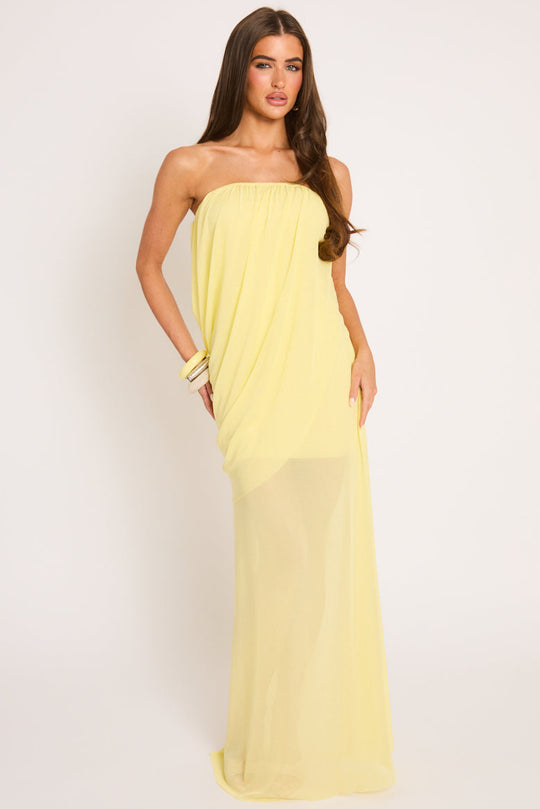 Yellow Bandeau Mesh Overlay Maxi Dress - Cobie