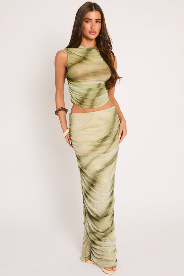 Green Abstract Print Mesh Top and Maxi Skirt Co-ord Set - Kaye