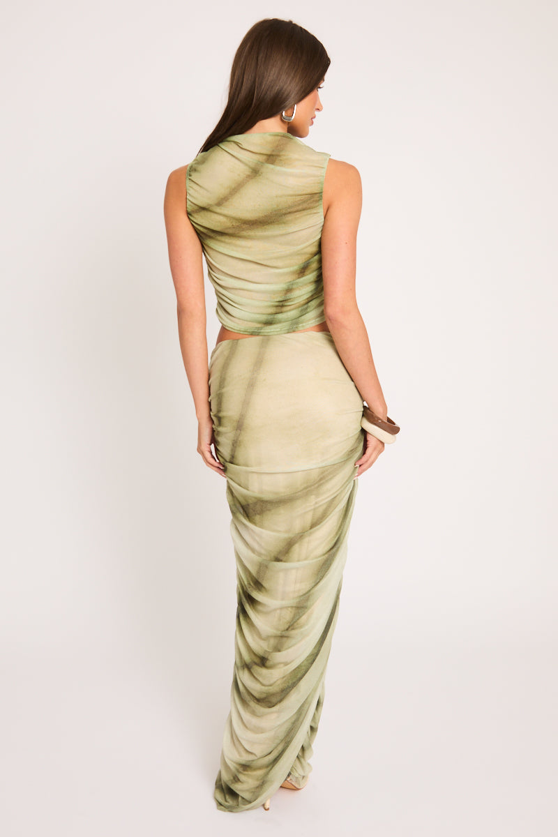 Green Abstract Print Mesh Top and Maxi Skirt Co-ord Set - Kaye