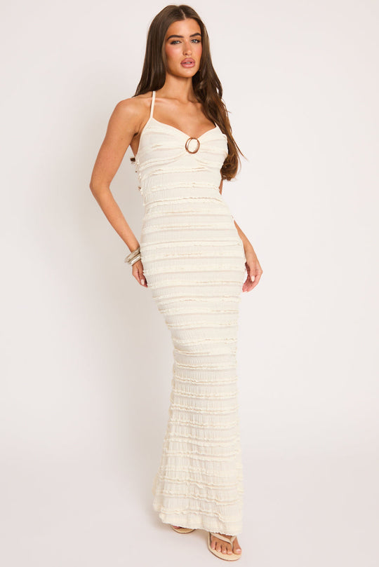 Cream Ruffle Trim Detail Halter Maxi Dress - Lorna