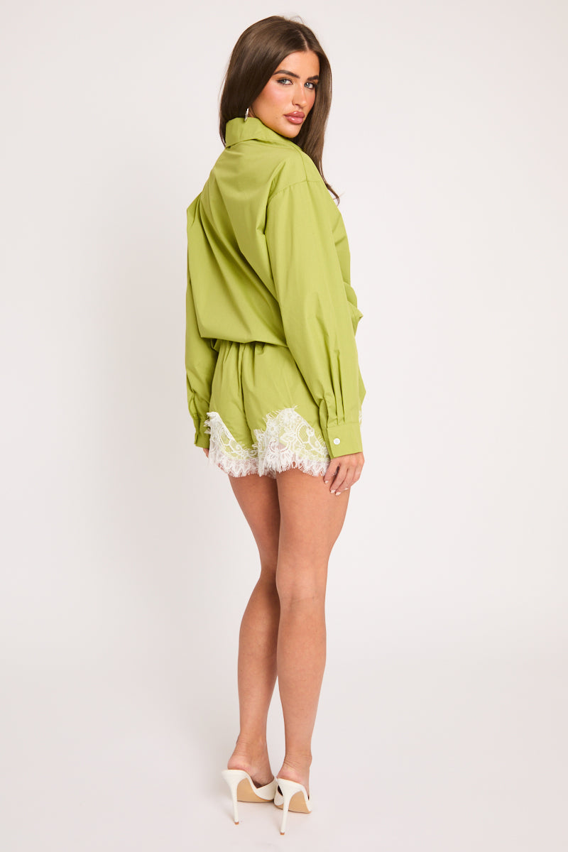 Lime Lace Trim Shirt and Shorts Co-ord Set - Deona