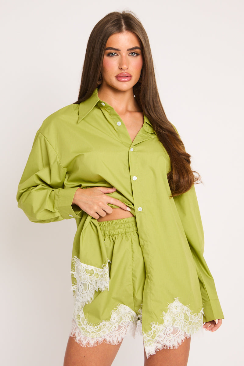 Lime Lace Trim Shirt and Shorts Co-ord Set - Deona