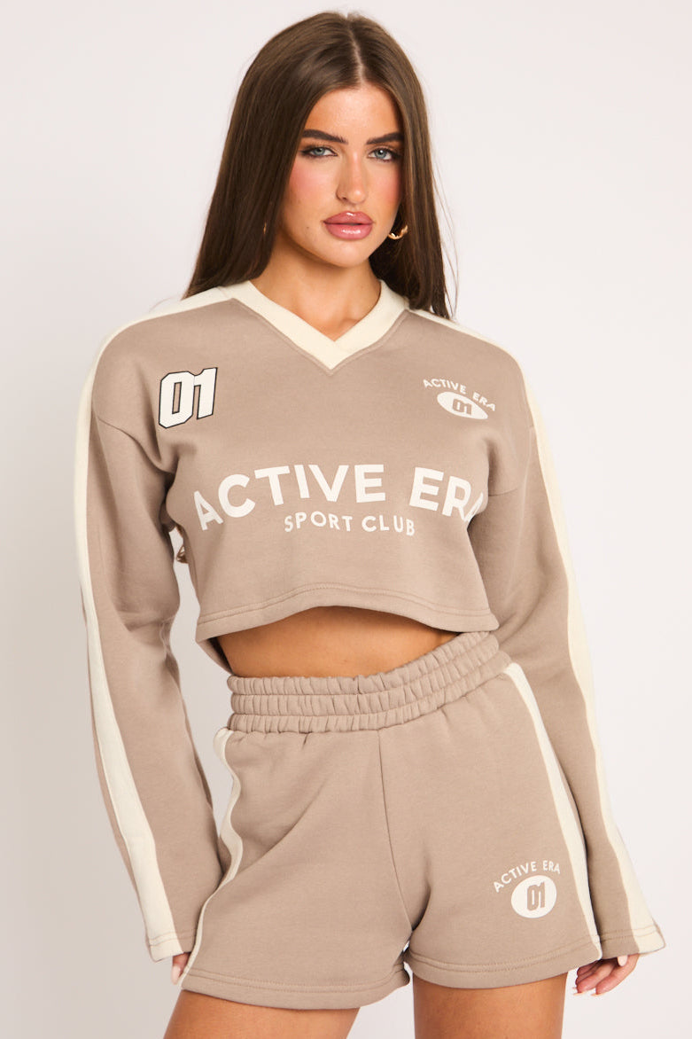 Beige Graphic Stripe Crop Top and Shorts Loungewear Co-ord Set - Delanie