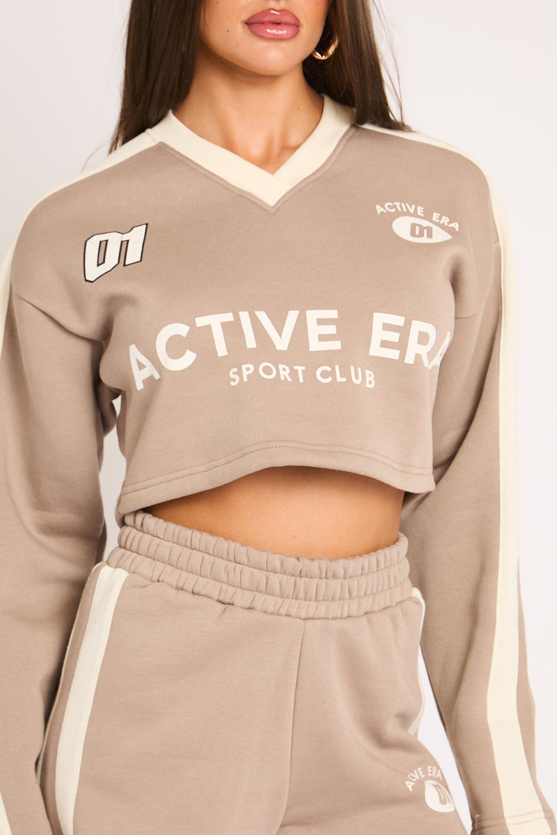 Beige Graphic Stripe Crop Top and Shorts Loungewear Co-ord Set - Delanie