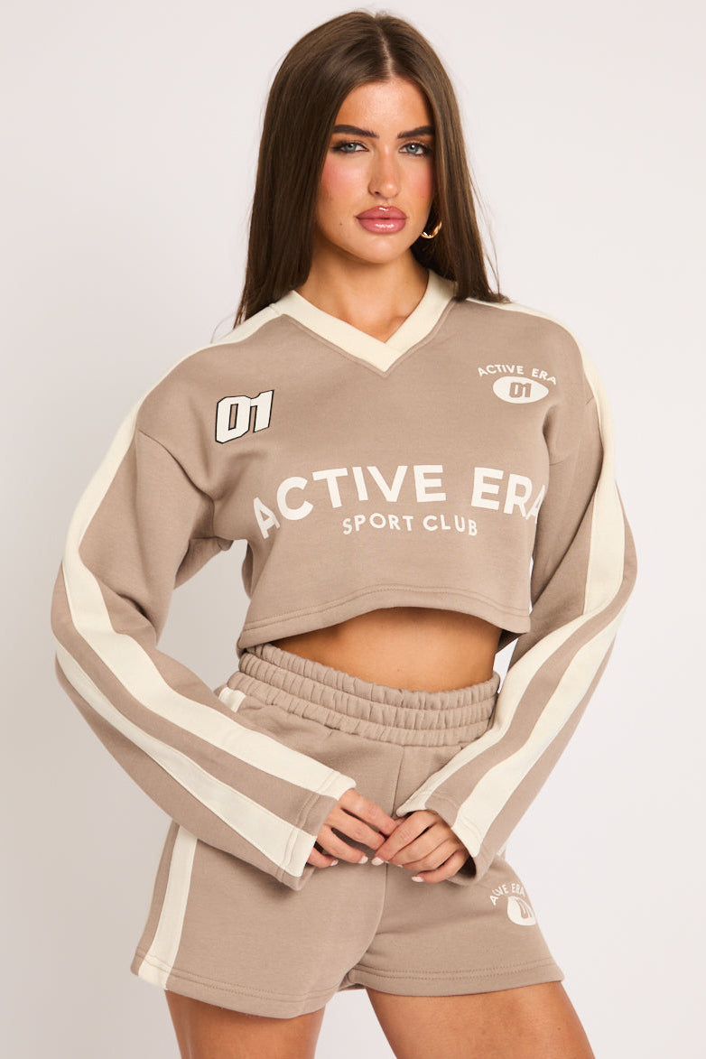 Beige Graphic Stripe Crop Top and Shorts Loungewear Co-ord Set - Delanie