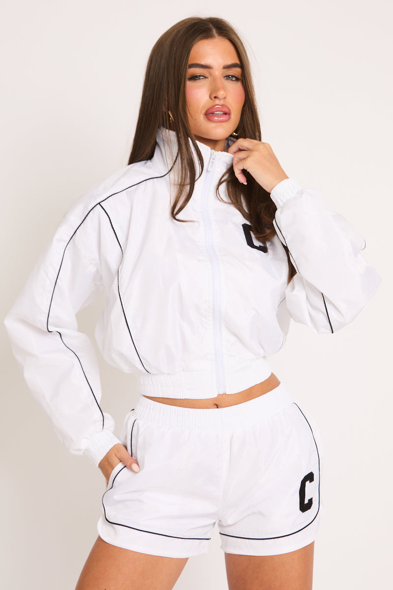 White Graphic Piping Detail Track Jacket and Shorts Loungewear Co-ord Set - Daisy
