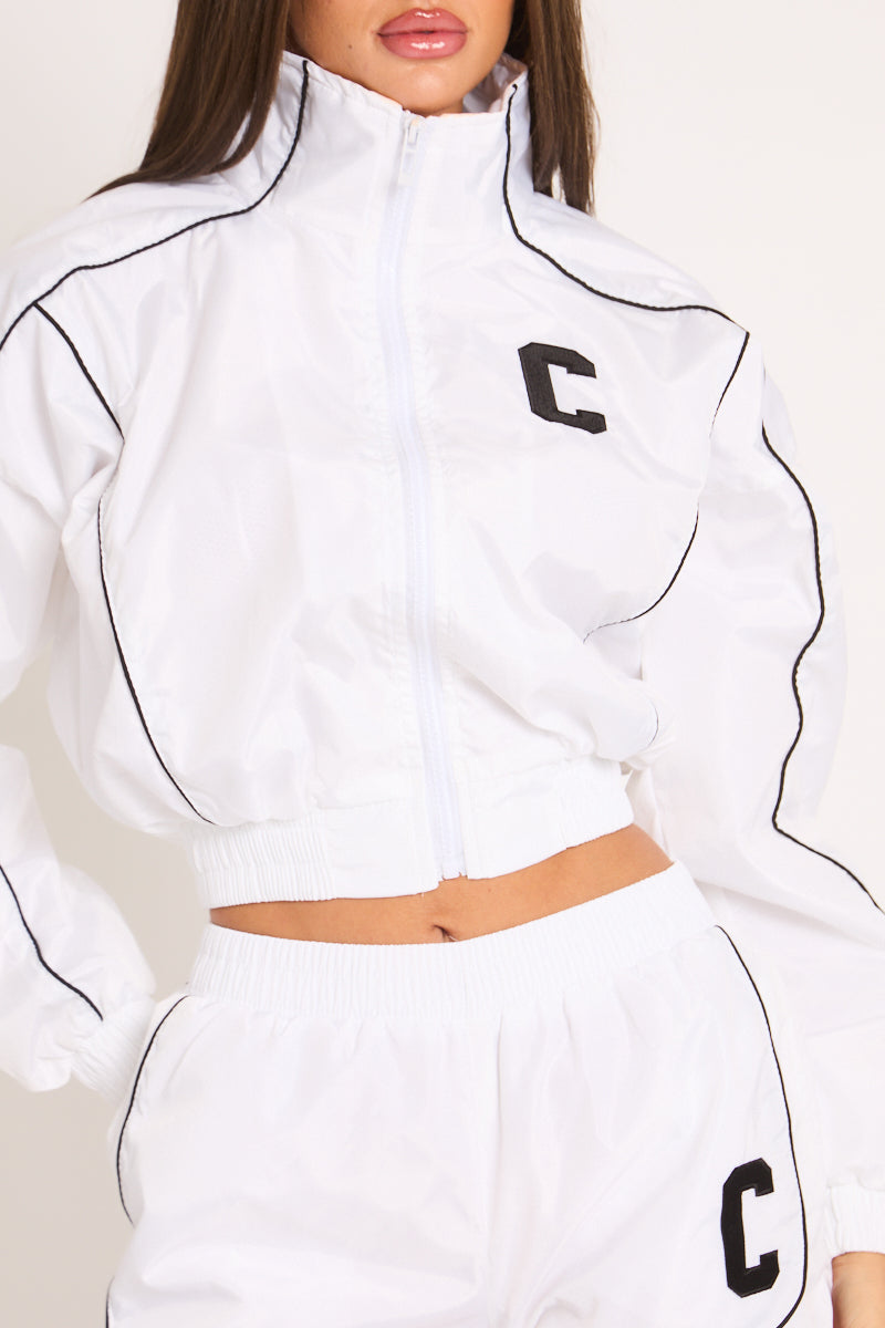 White Graphic Piping Detail Track Jacket and Shorts Loungewear Co-ord Set - Daisy