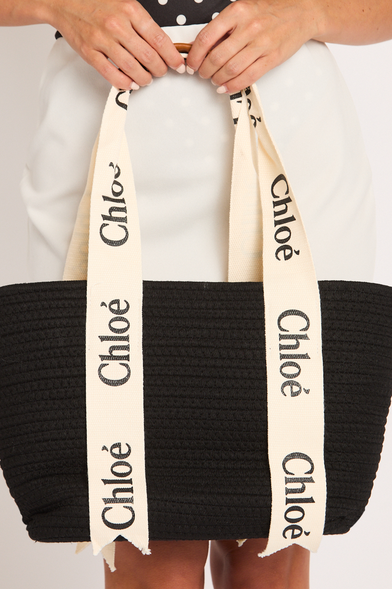 Black Logo Detail Woven Tote Bag - Kora