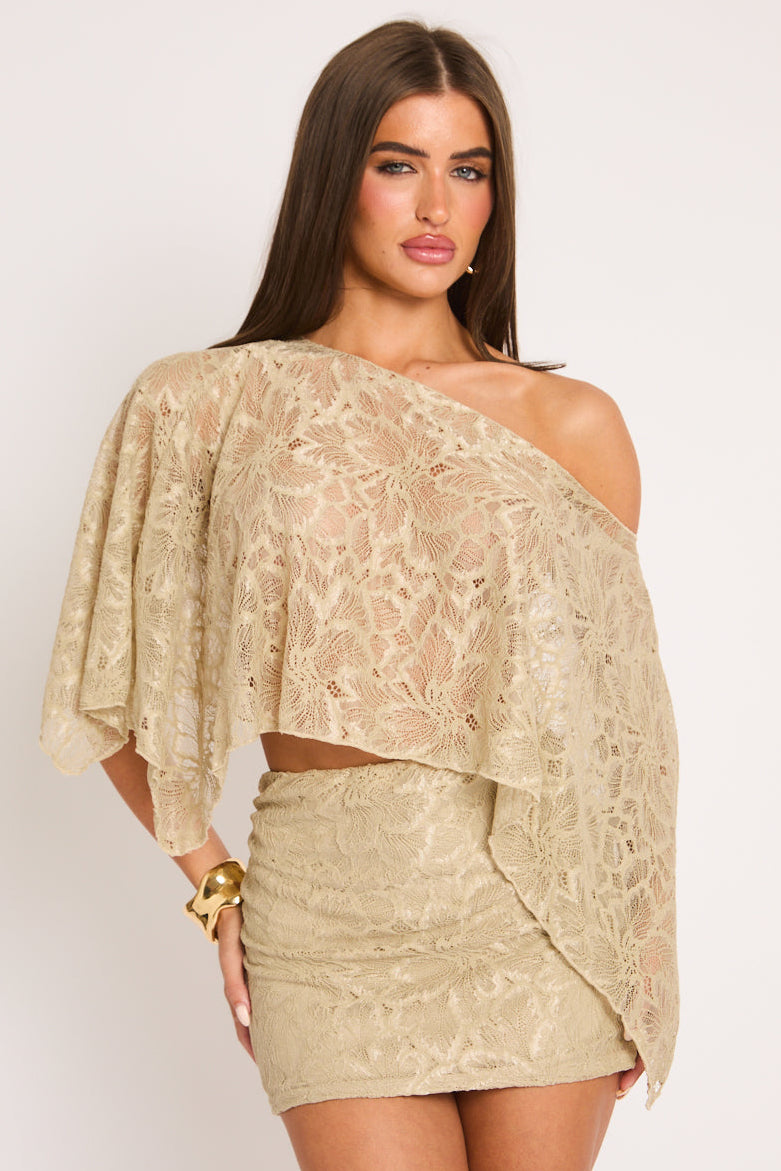 Beige Lace Co-ord Set - Avalo