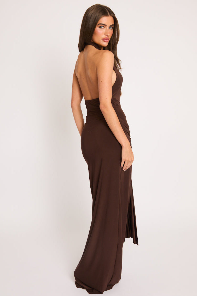 Chocolate High Neck Tie Front Maxi Dress - Janala