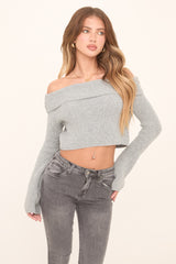 Grey Knit Bardot Long sleeves Cropped Jumper Top - Roberta