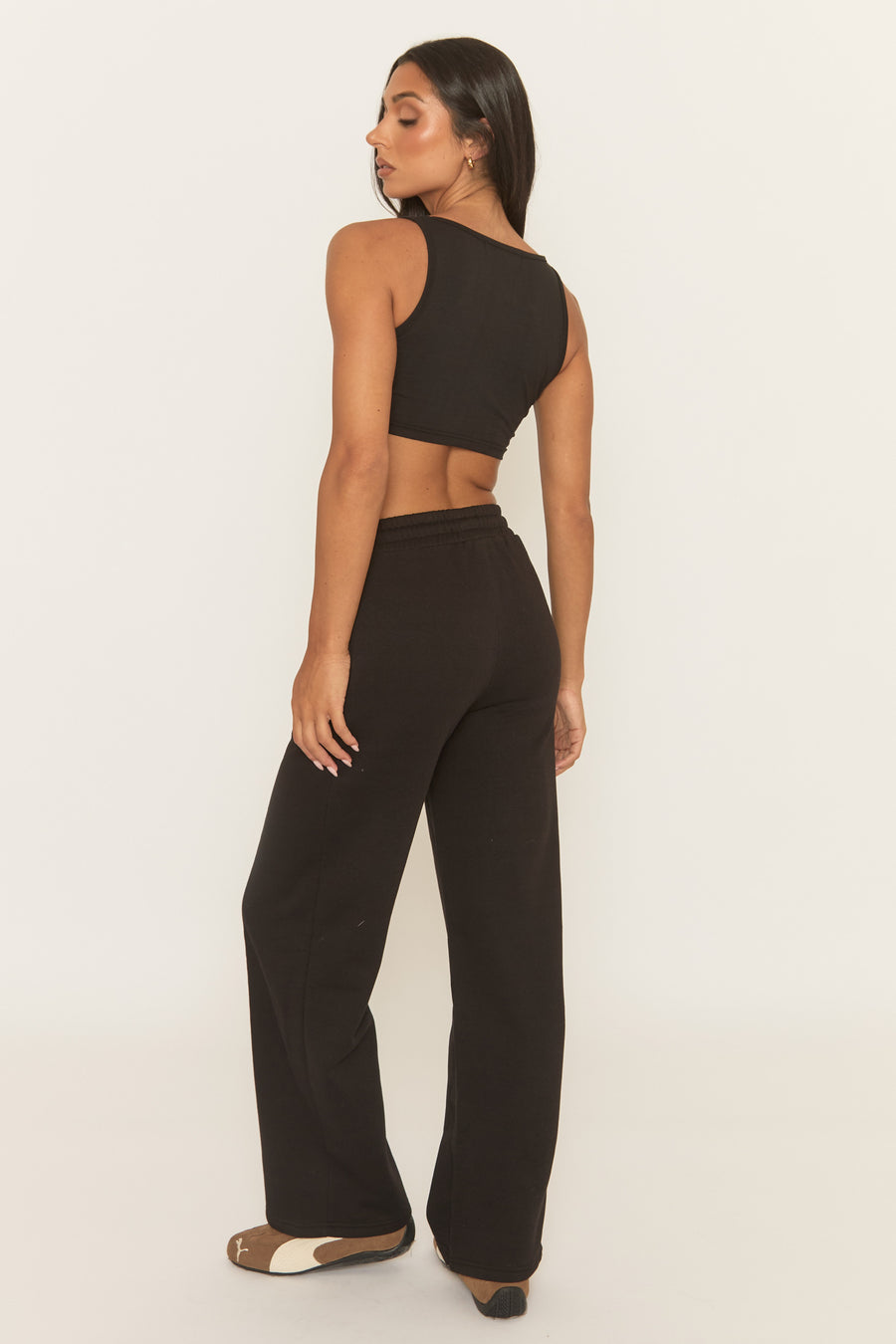 Black Elasticated Waistband Wide Leg Joggers - Lakara