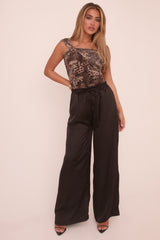 Black Satin Wide Leg Trouser - Bethel