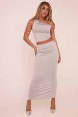 Grey One shoulder Crop Top & Maxi Skirt Co-ord Set - Oprah