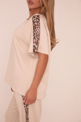 Beige Leopard Trim Oversized T-shirt & Straight Leg Joggers Loungewear Set - Elizabeth