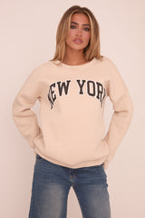 Beige New York Print Sweatshirt - Eternity