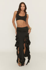 Black Ruffle Split Front Maxi Skirt - Ivelle