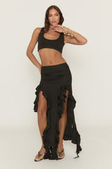 Black Ruffle Split Front Maxi Skirt - Ivelle