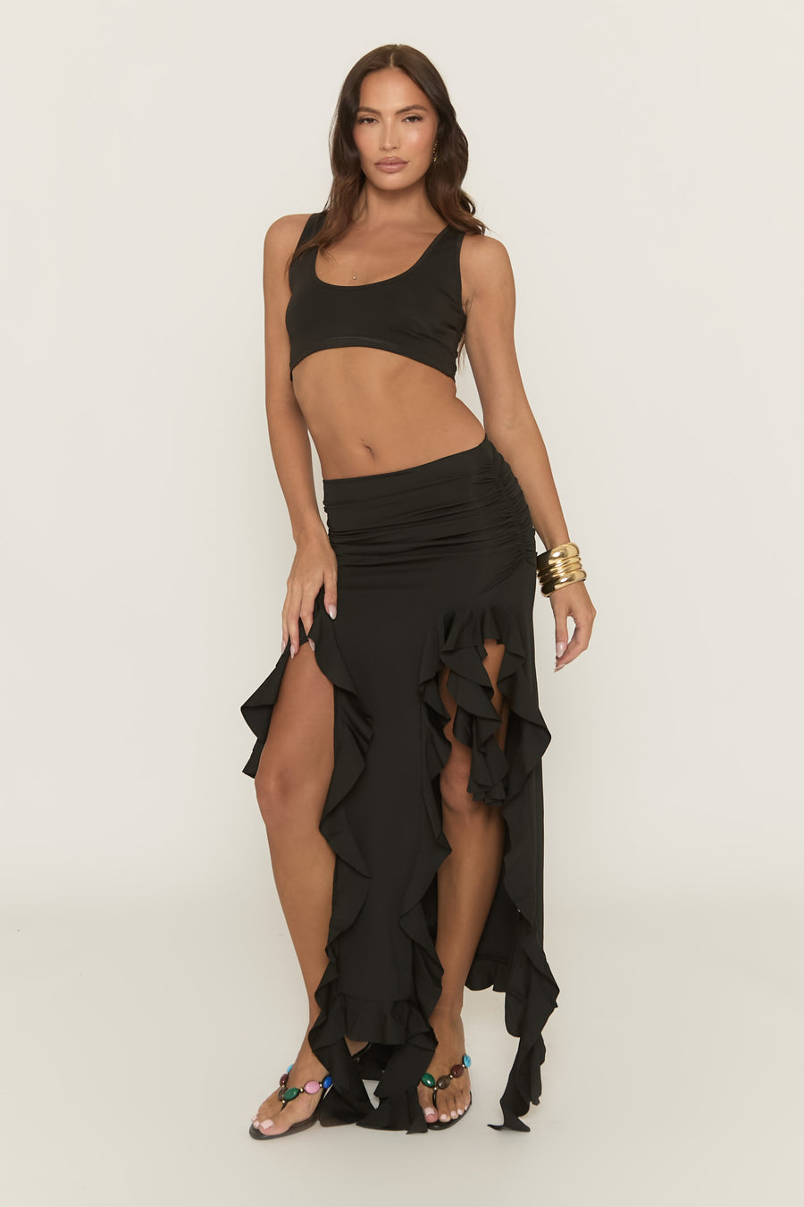 Black Ruffle Split Front Maxi Skirt - Ivelle