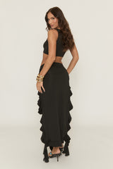 Black Ruffle Split Front Maxi Skirt - Ivelle