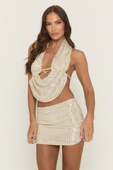 Gold Sequin Starfish Trim Top and Mini Skirt Co-ord Set - Jinita
