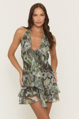 Green Printed Mesh Halterneck Ruffle Mini Dress - Haren