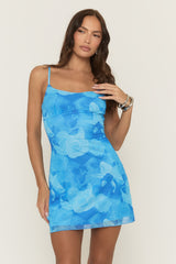 Blue Floral Mesh Strappy Mini Dress - Hanzel