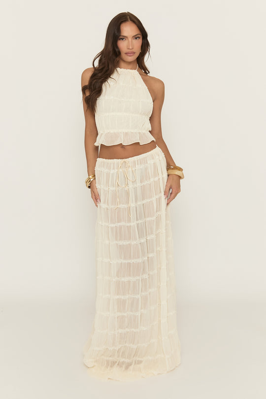 Cream Shirred Halter Top and Maxi Skirt Co-ord Set - Mystery