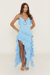 Blue Tiered Ruffle Detail Asymmetric Maxi Dress - Broidy