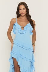 Blue Tiered Ruffle Detail Asymmetric Maxi Dress - Broidy
